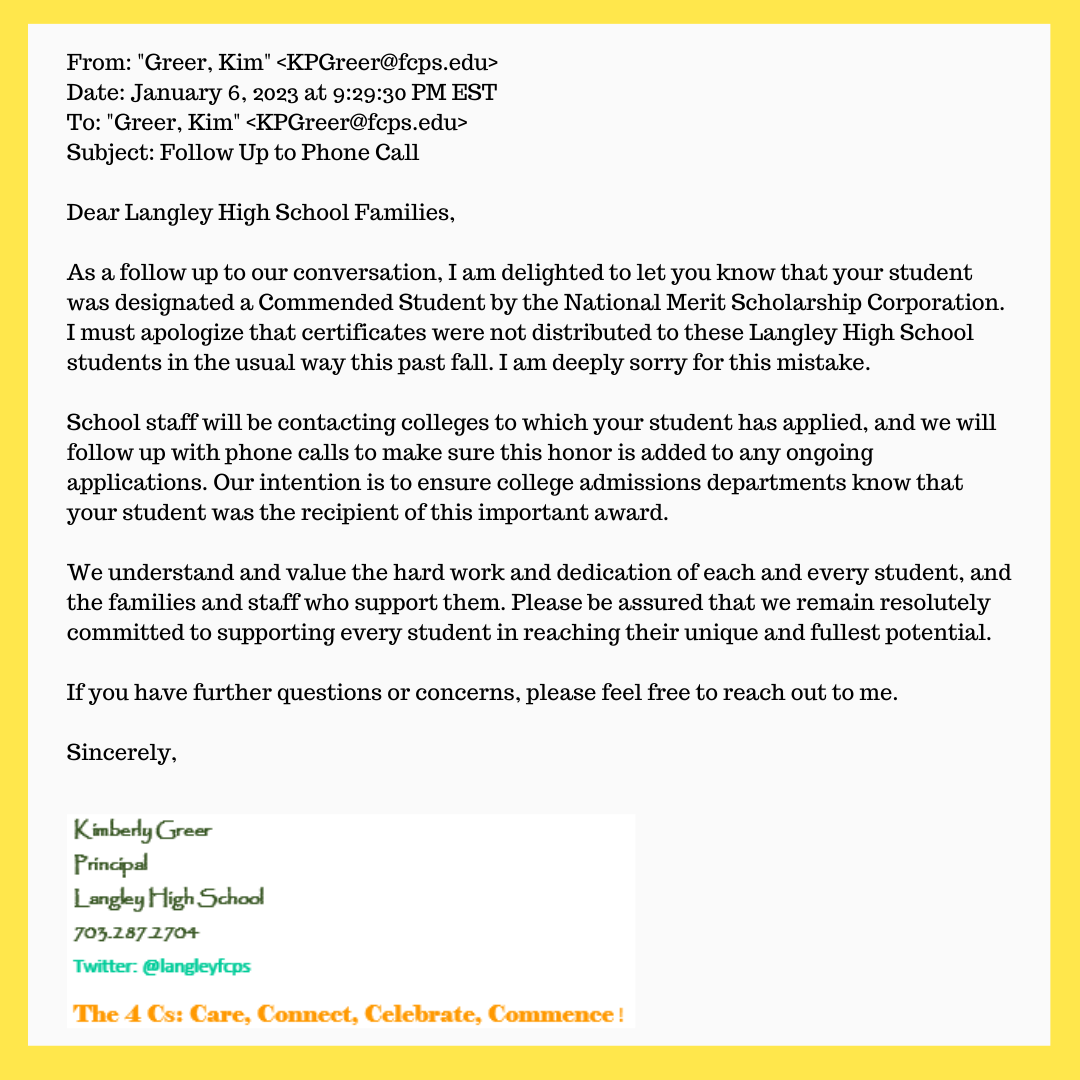 Email from Langley principal